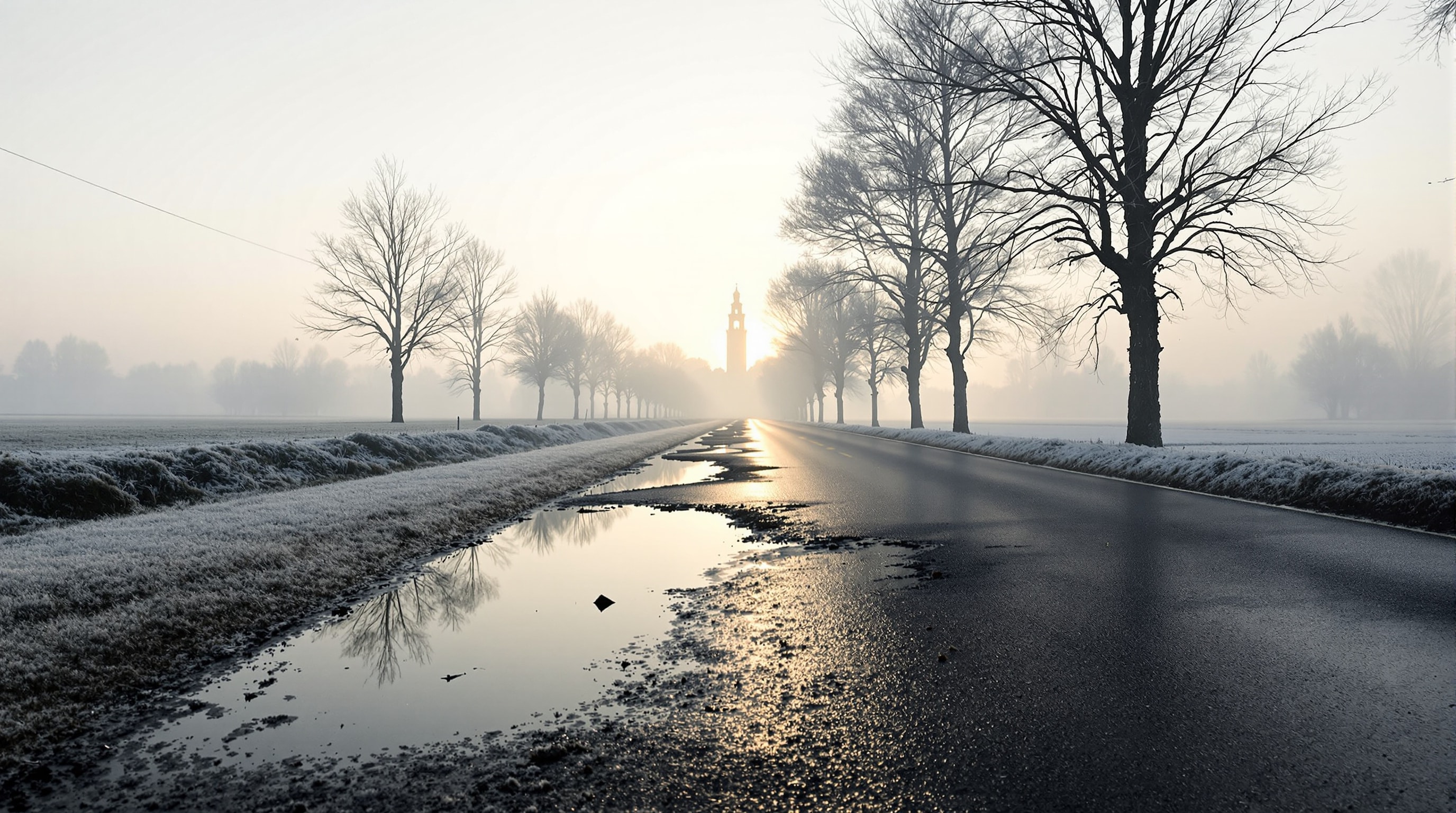 Strada di campagna nella nebbia invernale veneta alle prime luci, asfalto bagnato e canale laterale