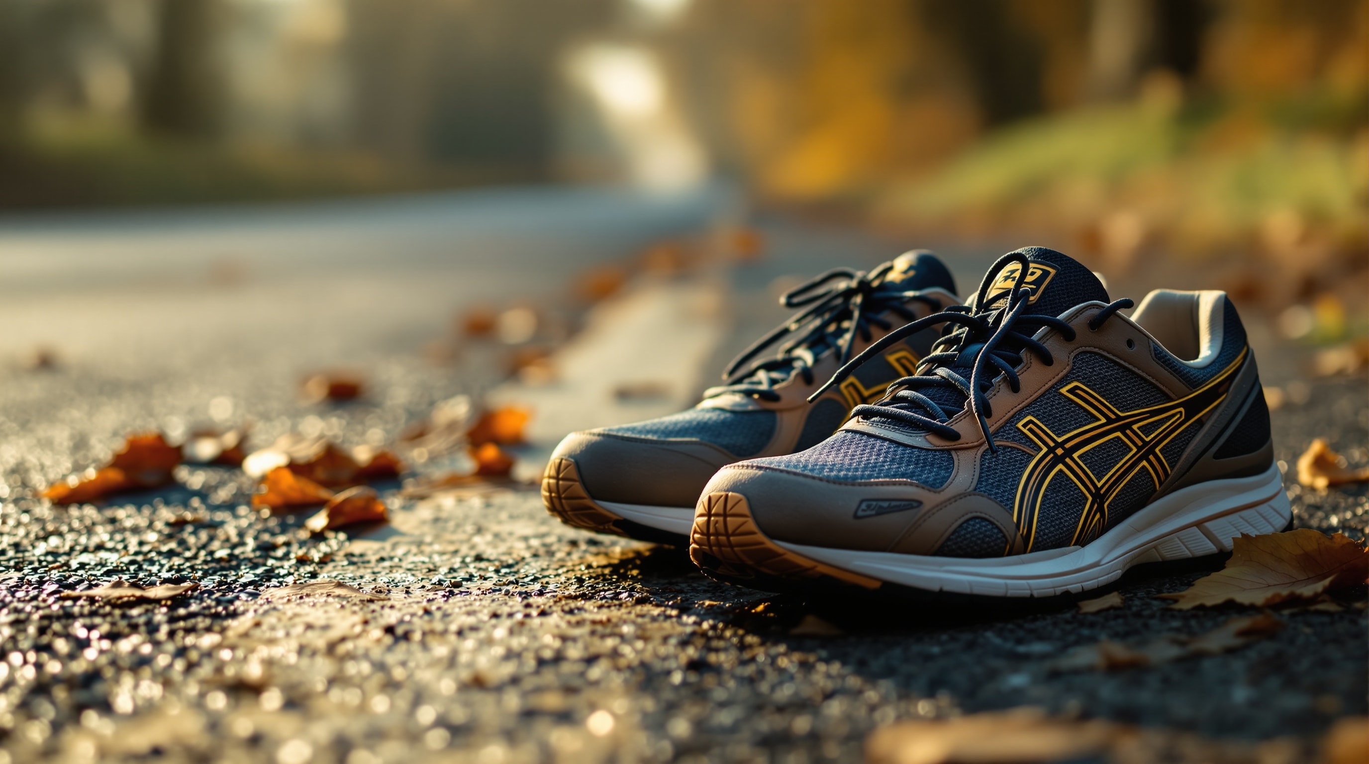Scarpe da corsa consumate appoggiate sull'asfalto al bordo di una strada di campagna