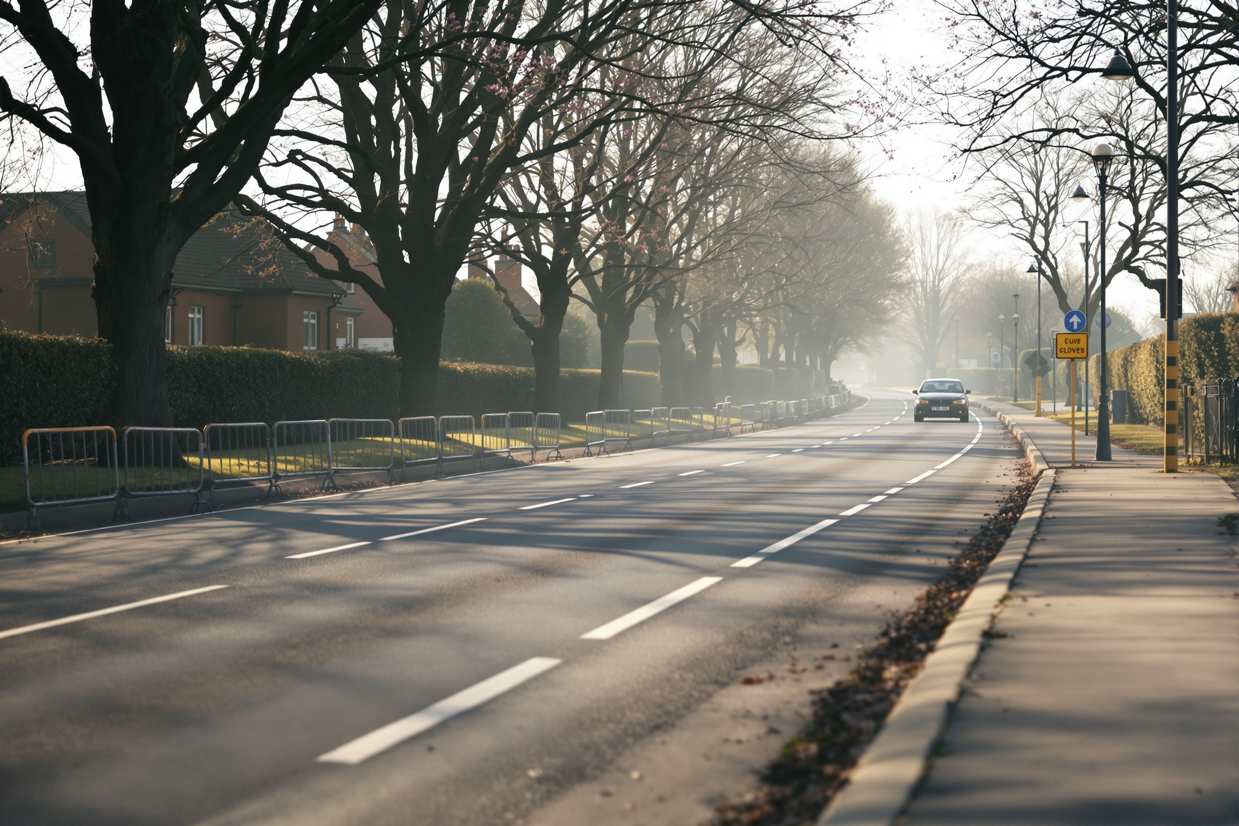 An empty road closed to traffic on a spring morning, with crowd barriers under a plane-tree avenue