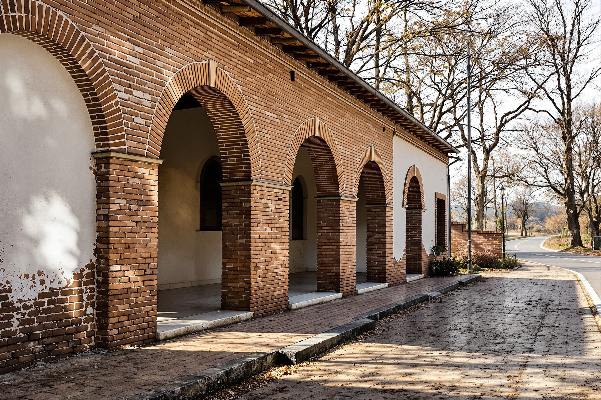 A plain brick portico with round arches beside a country road in the Veneto