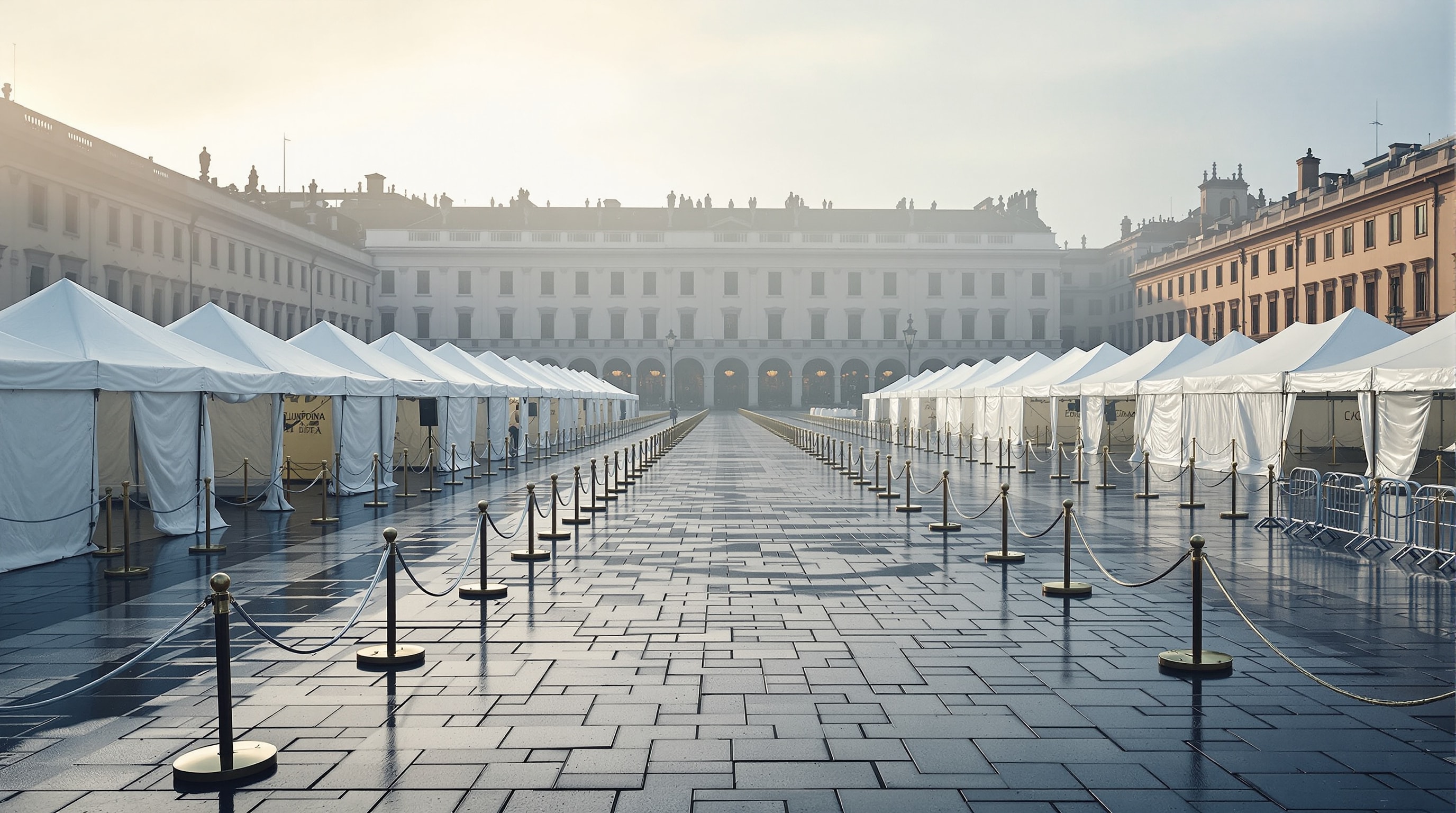 Gazebo bianchi vuoti e transenne allestiti in una grande piazza lastricata all'alba