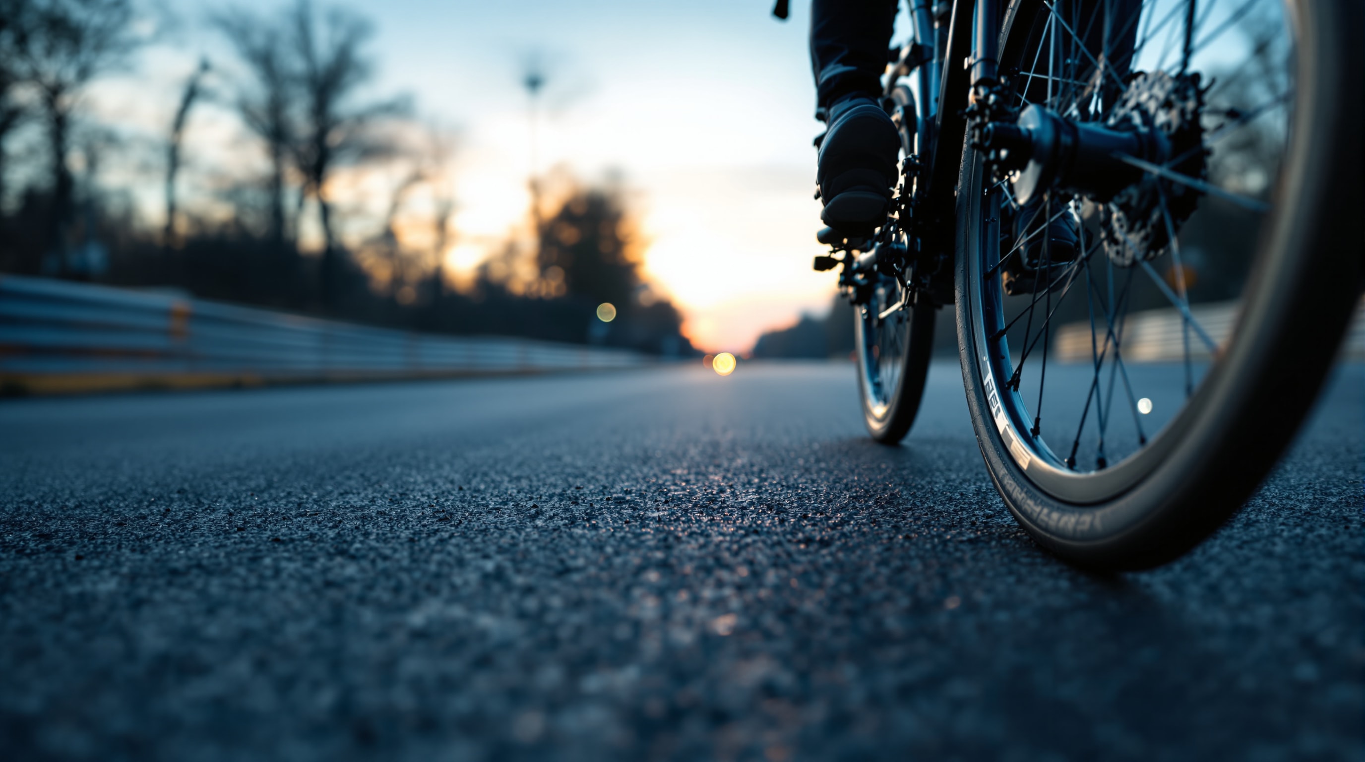 Dettaglio ravvicinato della ruota anteriore di una handbike su strada chiusa all'alba