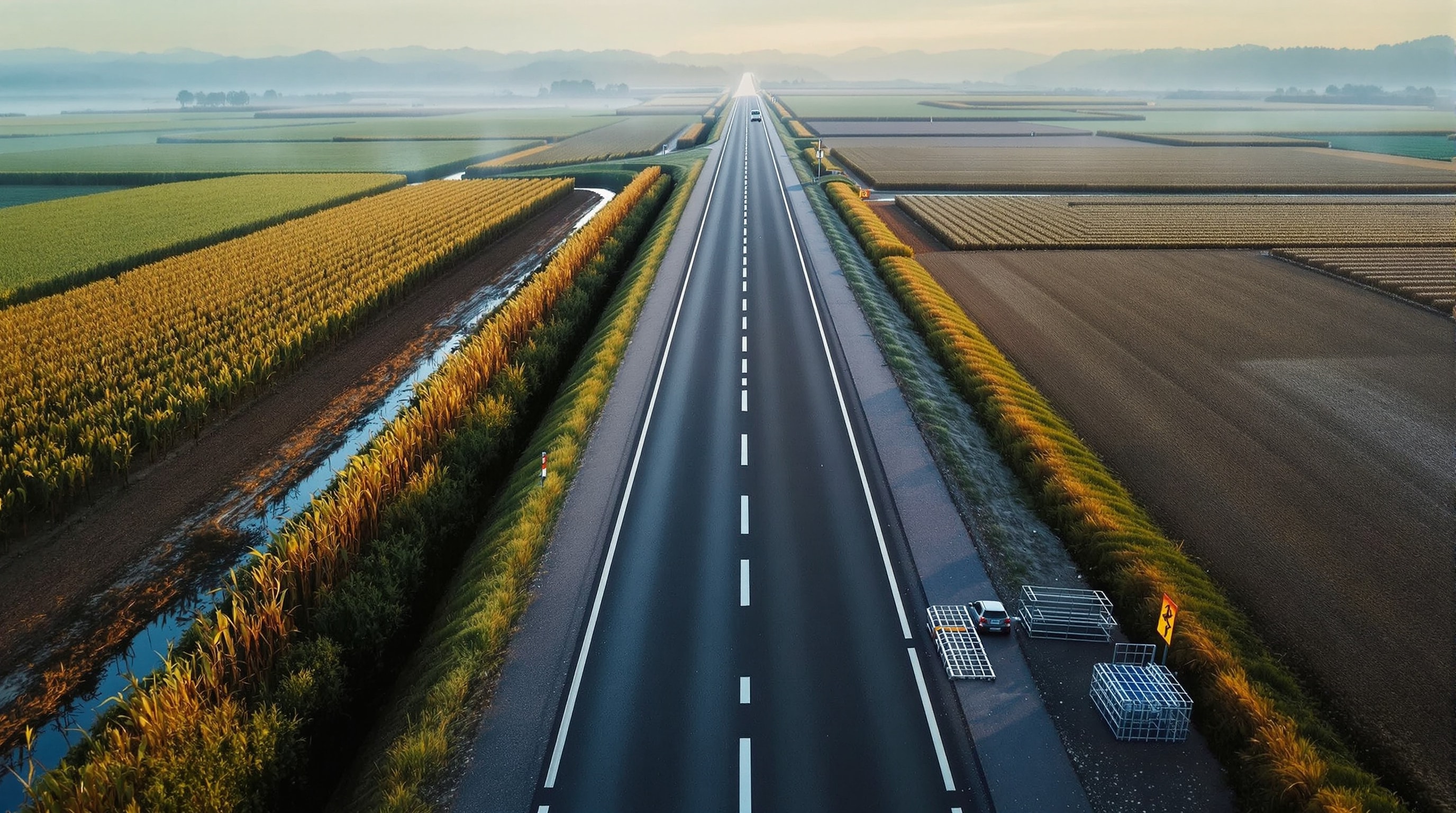 Strada perfettamente pianeggiante nella pianura veneta all'alba, con canale irriguo parallelo