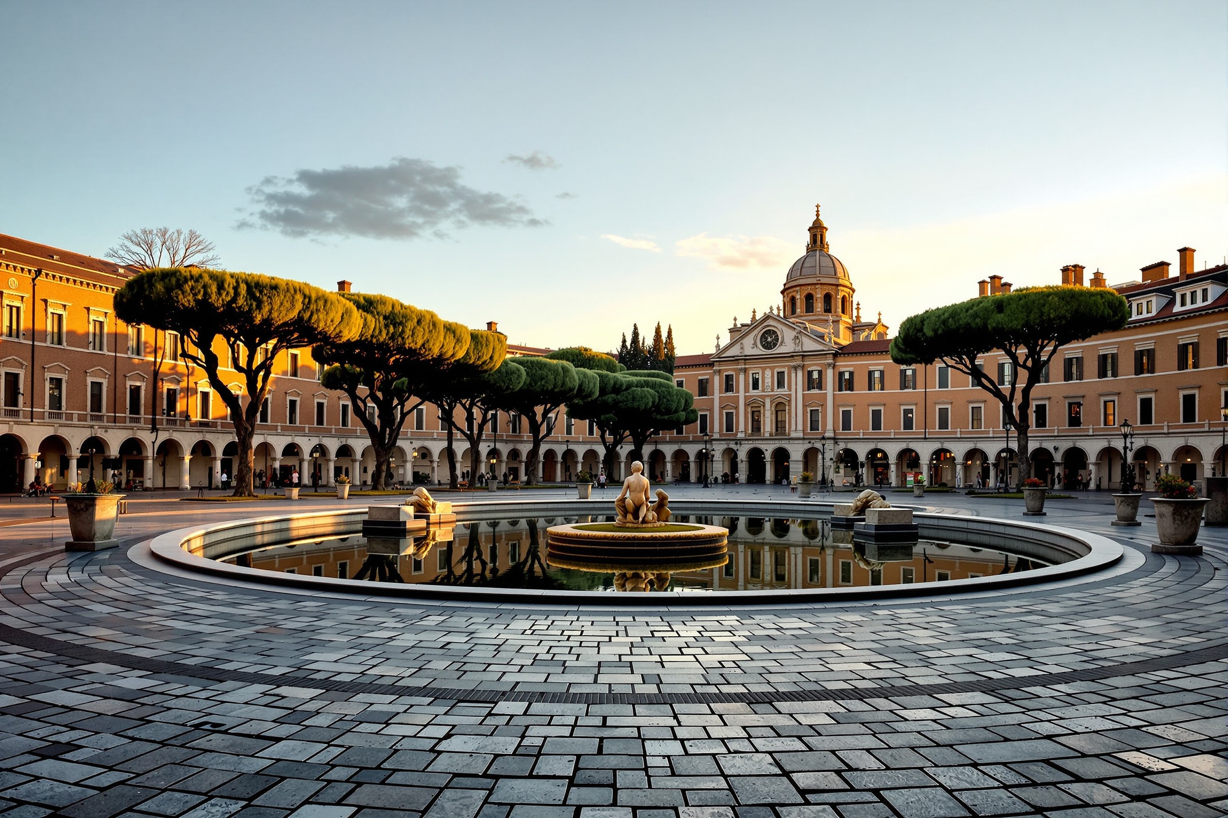 Grande piazza ellittica padovana all'alba, con l'anello d'acqua e i platani sul perimetro