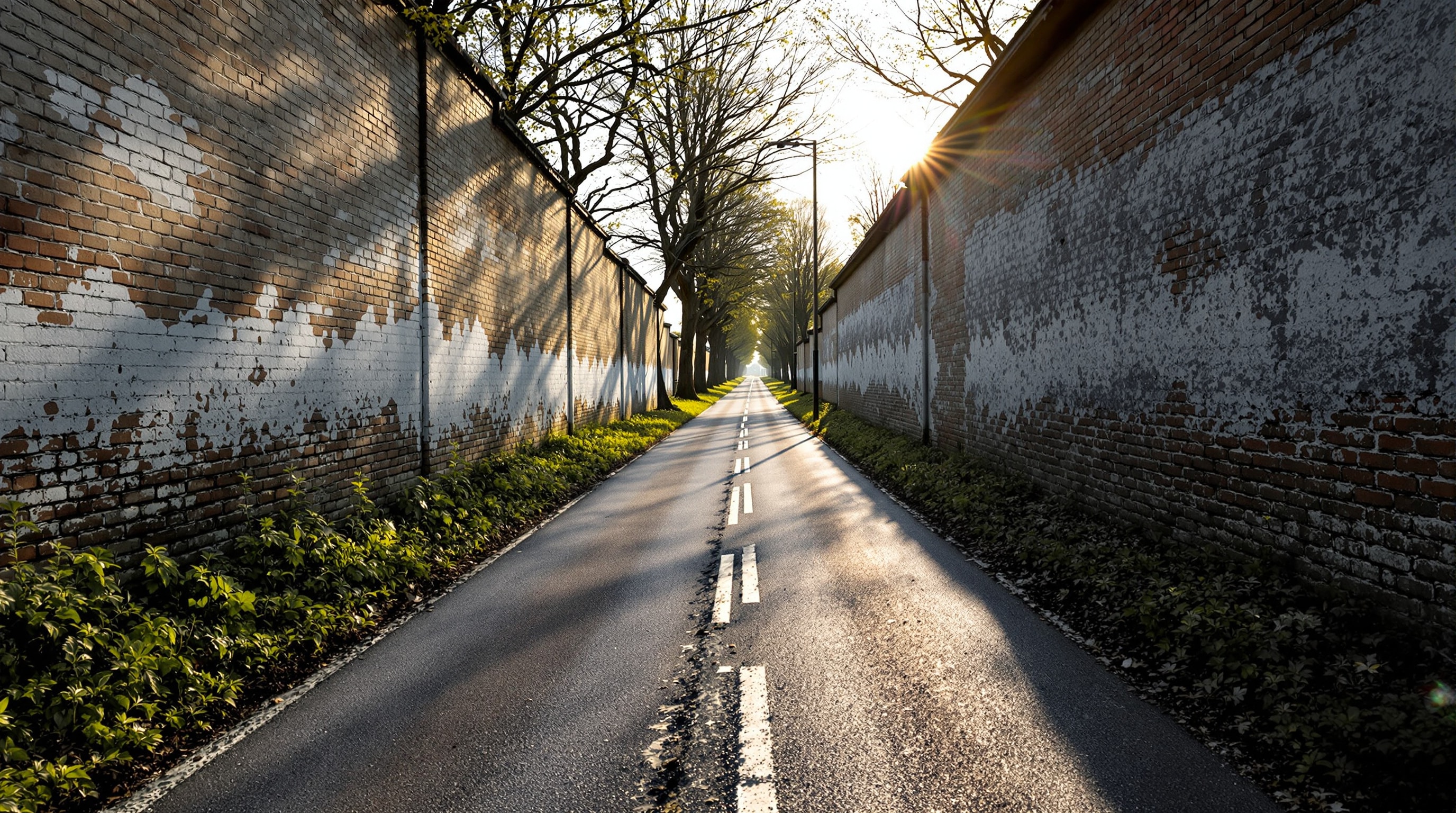 Strada provinciale veneta fra vecchi muri di mattoni, luce di tardo pomeriggio