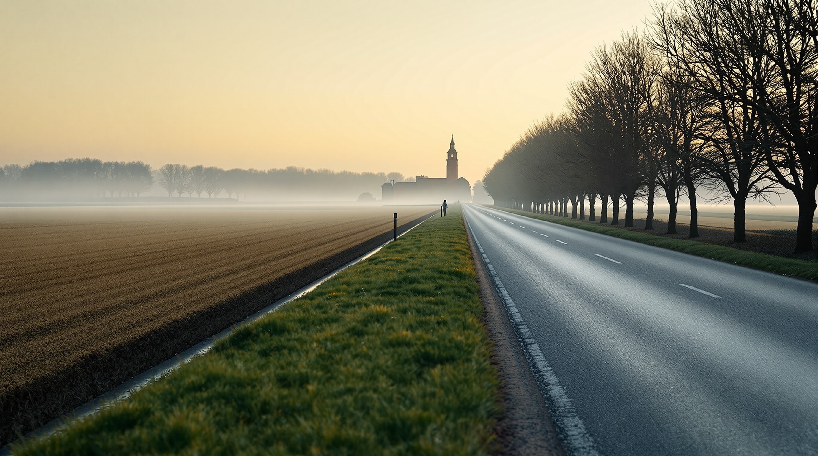 Strada di pianura diritta all'alba con nebbia bassa sui campi e un campanile lontano